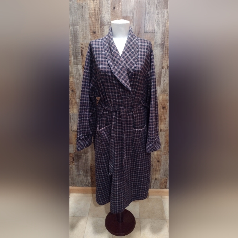 LEE VALLEY BLUE PLAID 100% COTTON FLANNEL MEN'S ROBE SZ XL